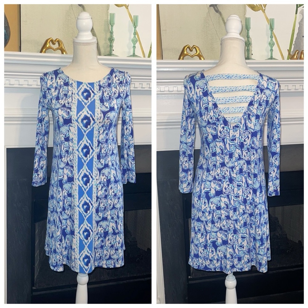 Lilly Pulitzer Ophelia Bomber Blue "Get Trunky" Elephant Women's Dress
